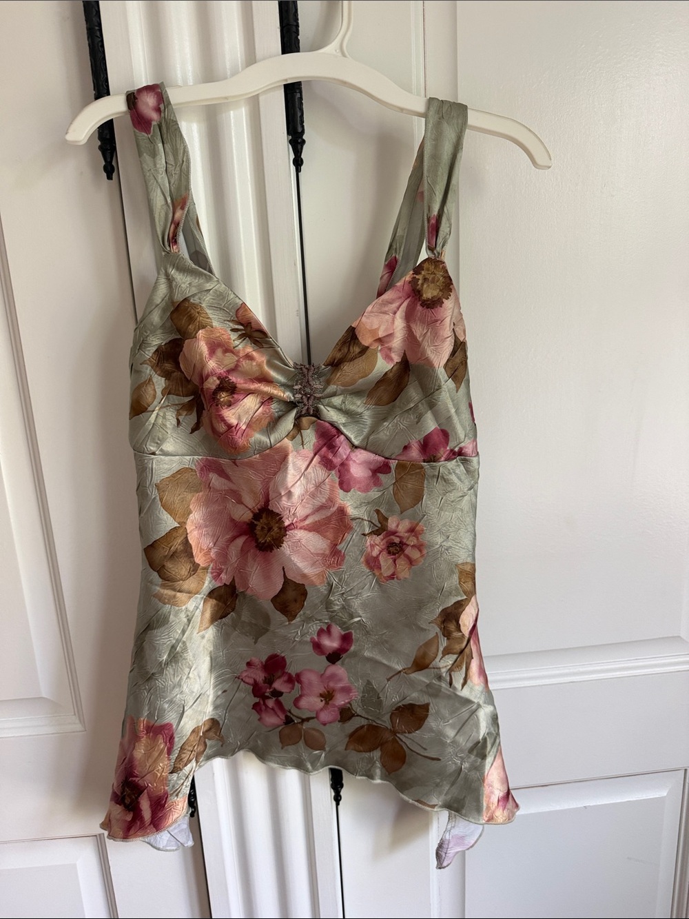 Beautiful Fairy Top Satin V-Neck Camisole with Pink Blooms